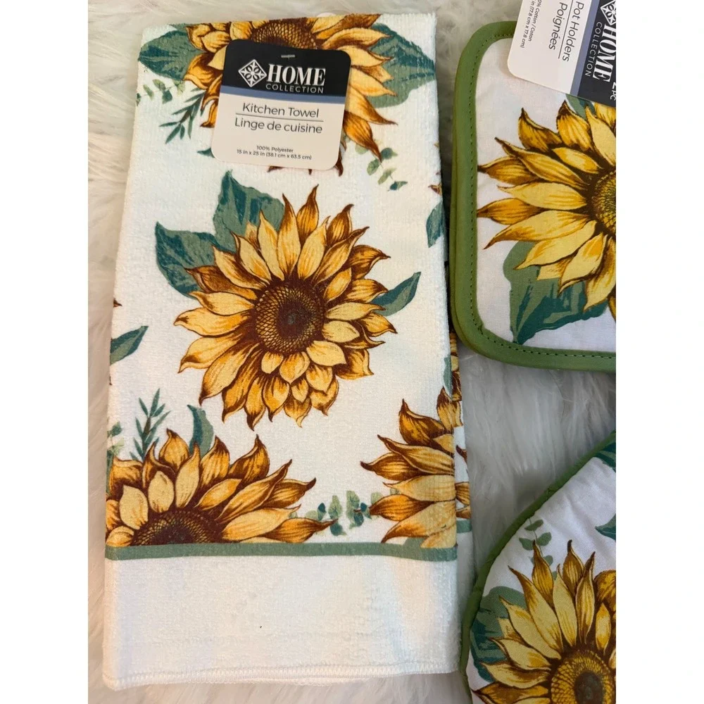Home Collection Sunflower Kitchen Set 4pc Towel Pot Holders Oven Mitt NWT